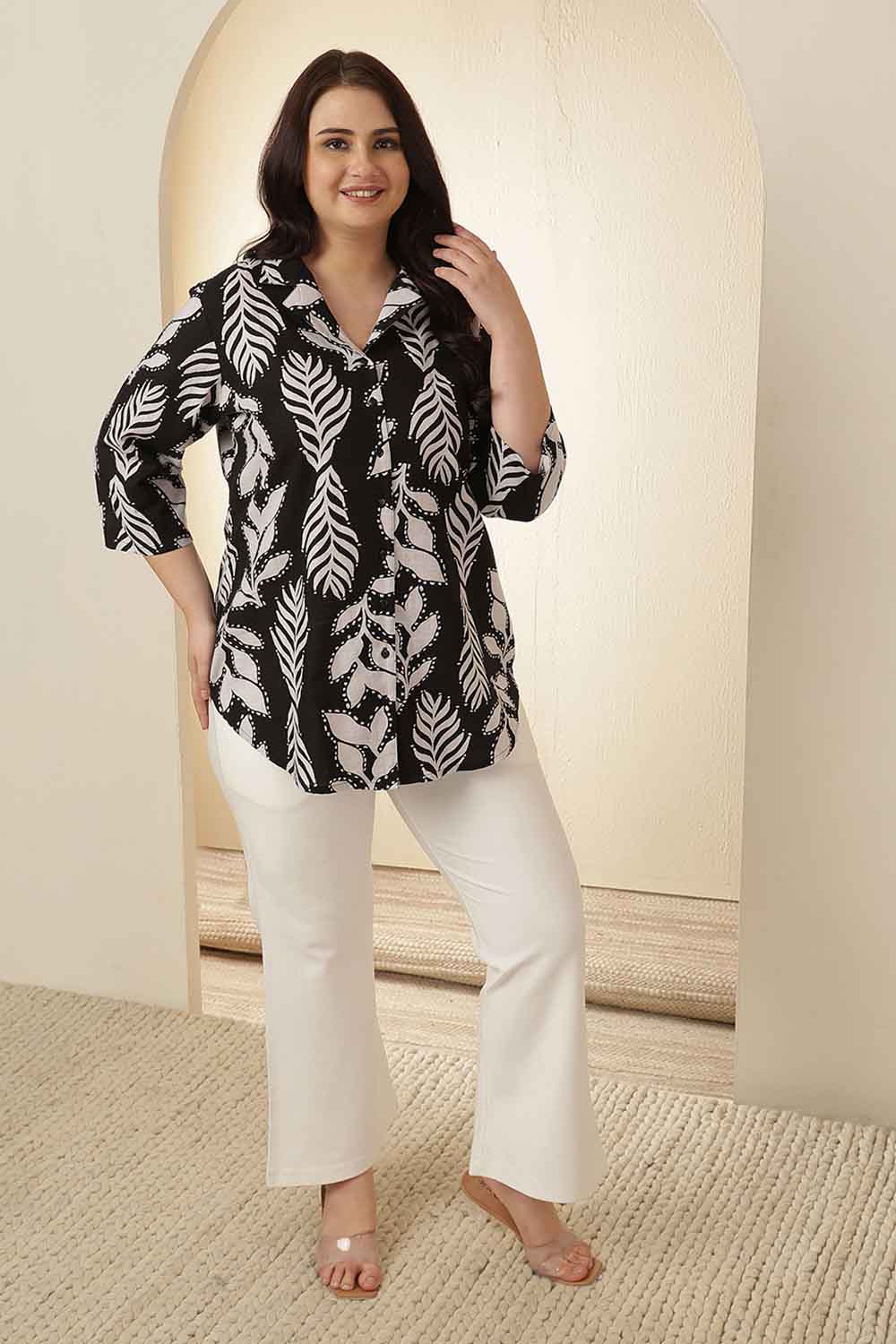 Plus Size Black White Leaf Print Cuban Collar Cotton Shirt