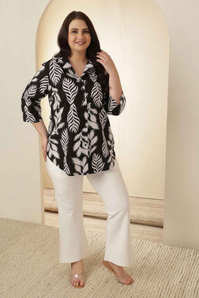 Plus Size Black White Leaf Print Cuban Collar Cotton Shirt