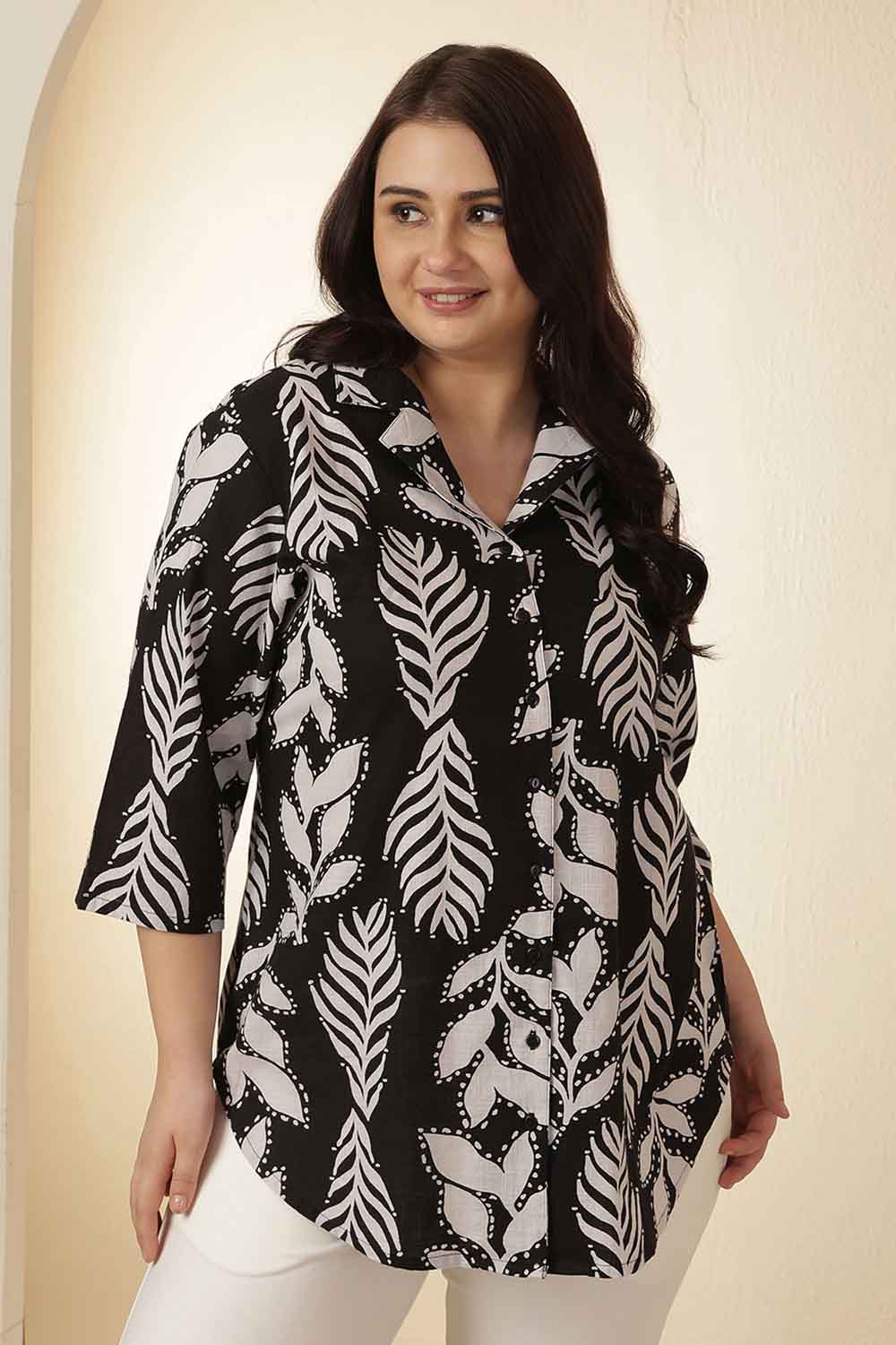 Comfortable Plus Size Black White Leaf Print Cuban Collar Cotton Shirt