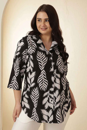 Plus Size Black White Leaf Print Cuban Collar Cotton Shirt