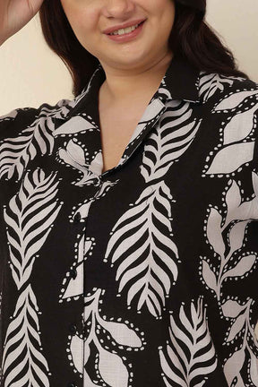 Plus Size Black White Leaf Print Cuban Collar Cotton Shirt