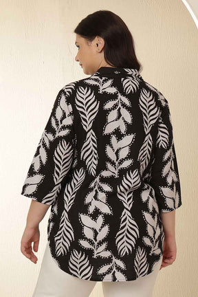 Plus Size Black White Leaf Print Cuban Collar Cotton Shirt
