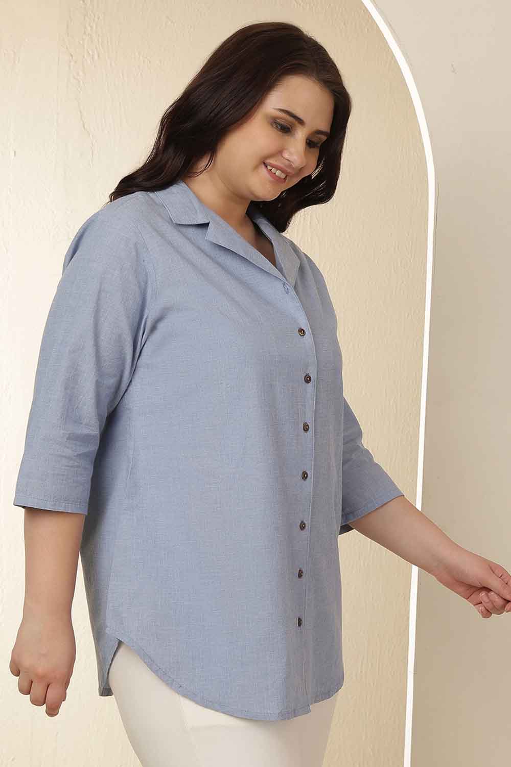 Plus Size Light Blue Cuban Collar Cotton Shirt for Women