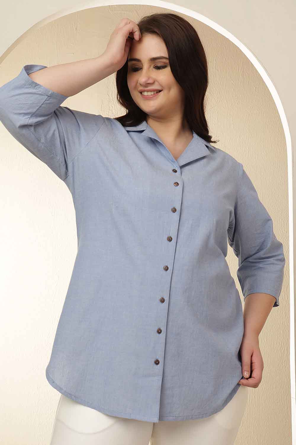 Plus Size Light Blue Cuban Collar Cotton Shirt