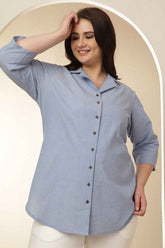 Plus Size Light Blue Cuban Collar Cotton Shirt