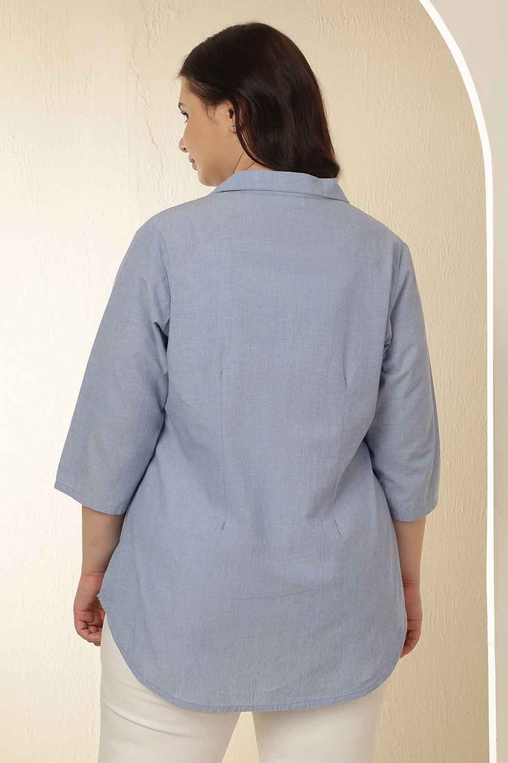 Plus Size Light Blue Cuban Collar Cotton Shirt