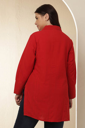 Plus Size Red High Slit Styled Cuff Cotton Shirt