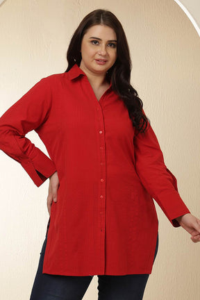 Plus Size Red High Slit Styled Cuff Cotton Shirt