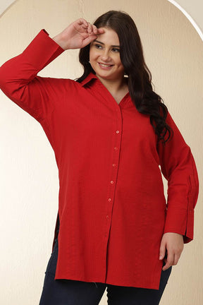 Plus Size Red High Slit Styled Cuff Cotton Shirt