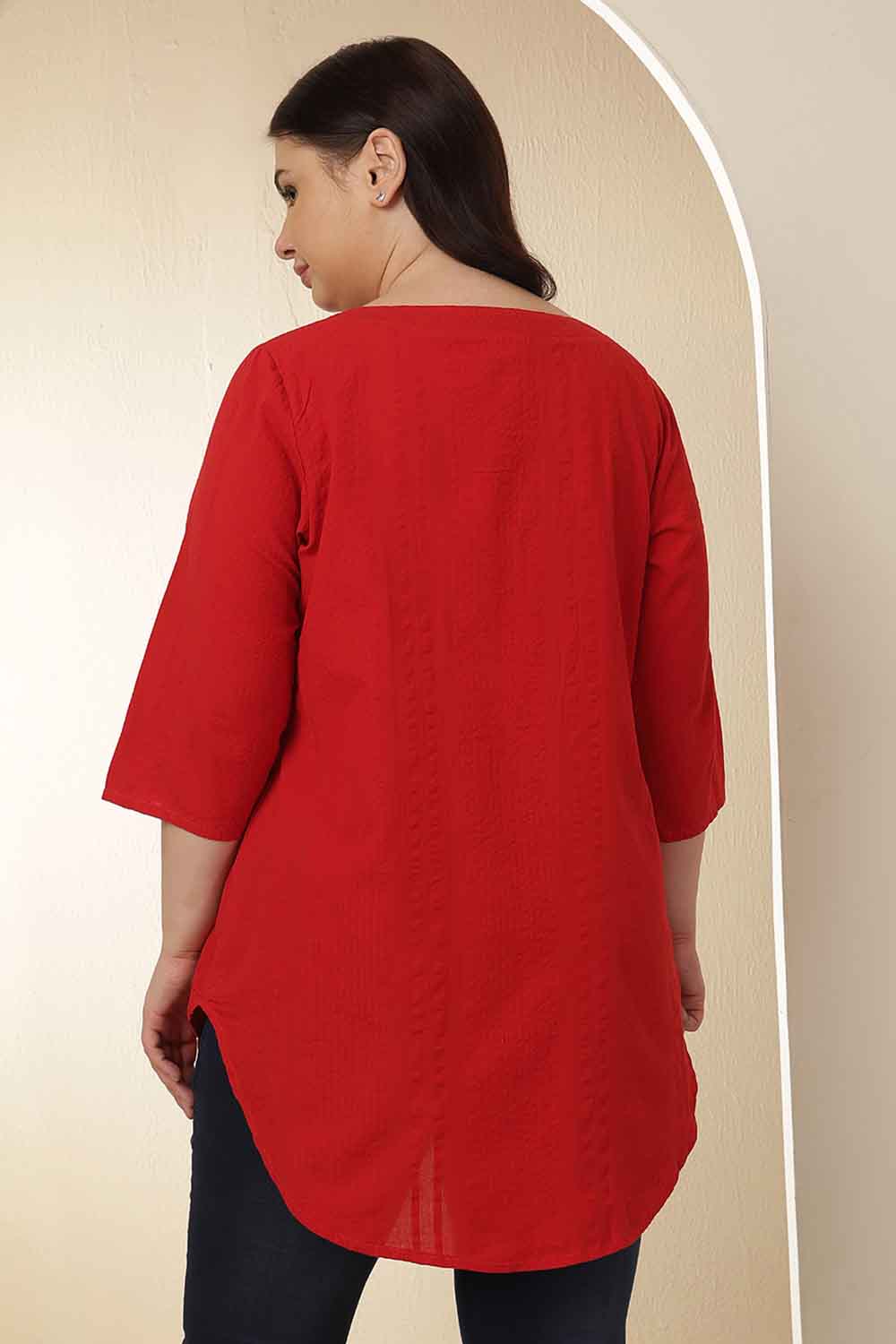 Comfortable Plus Size Red V Neck Cotton Top