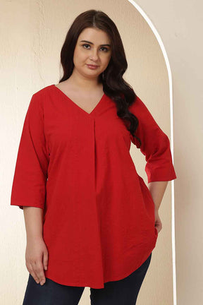 Plus Size Red V Neck Cotton Top