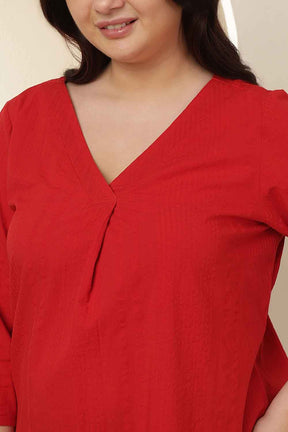 Plus Size Red V Neck Cotton Top