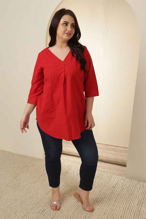 Plus Size Red V Neck Cotton Top