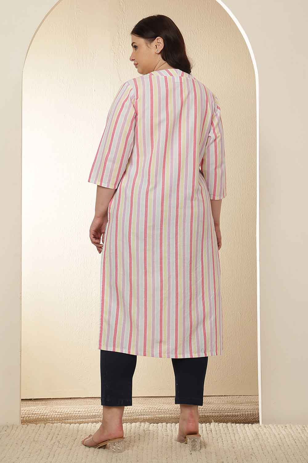 Plus Size White Pink Striped Cotton V Neck Kurta
