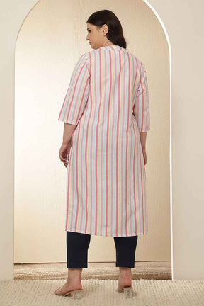 Plus Size White Pink Striped Cotton V Neck Kurta