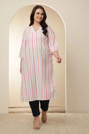Plus Size White Pink Striped Cotton V Neck Kurta