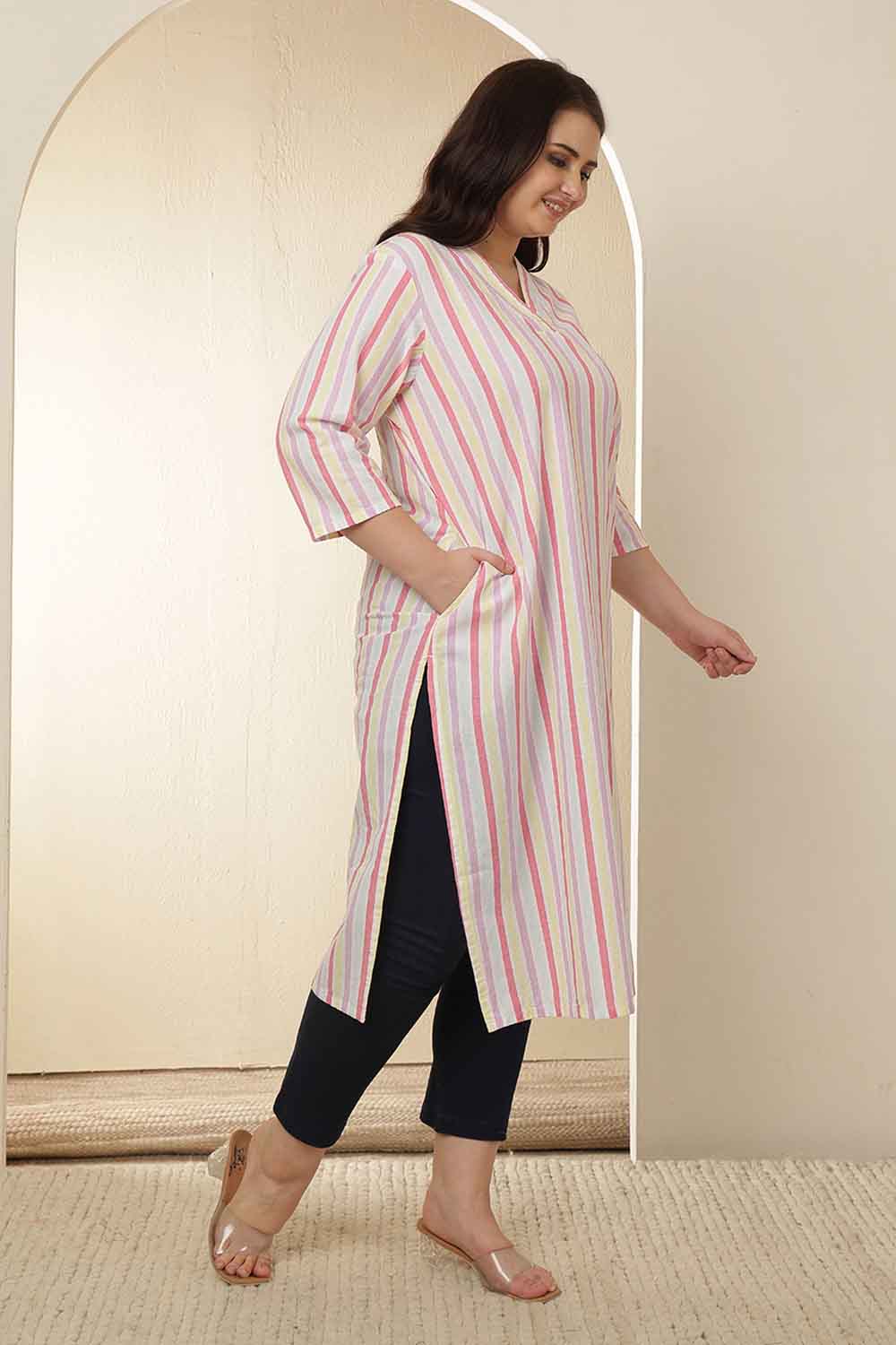 Plus Size White Pink Striped Cotton V Neck Kurta for Women