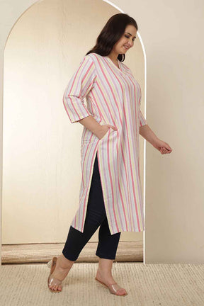Plus Size White Pink Striped Cotton V Neck Kurta