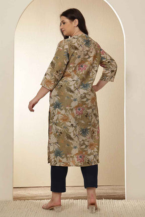 Plus Size Olive Floral Print V Neck Kurta