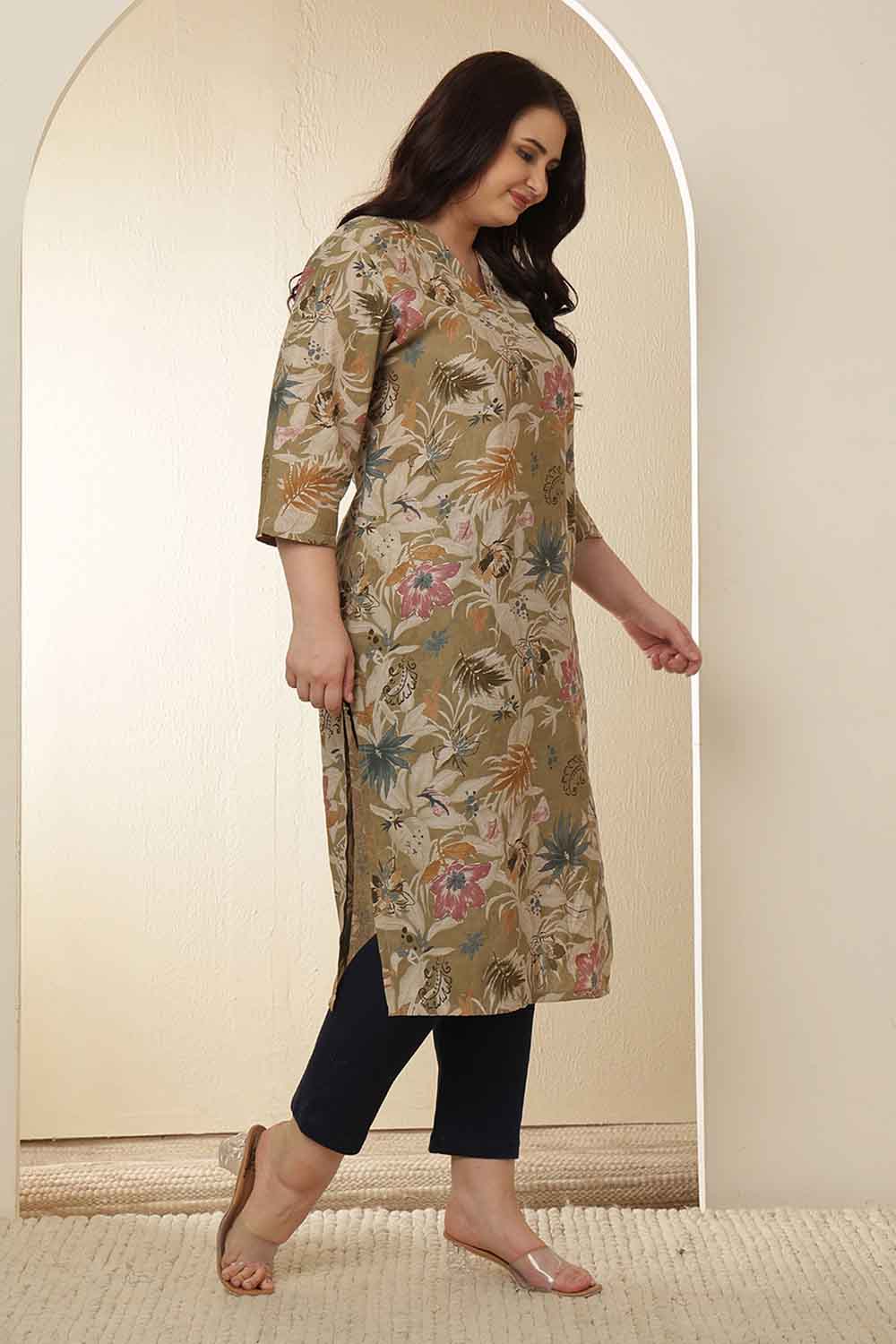 Plus Size Plus Size Olive Floral Print V Neck Kurta