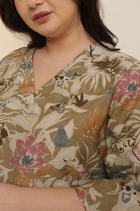 Plus Size Olive Floral Print V Neck Kurta