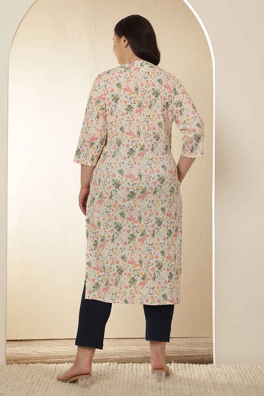 Plus Size Floral Print Cotton V Neck Kurta