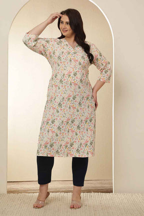 Plus Size Floral Print Cotton V Neck Kurta