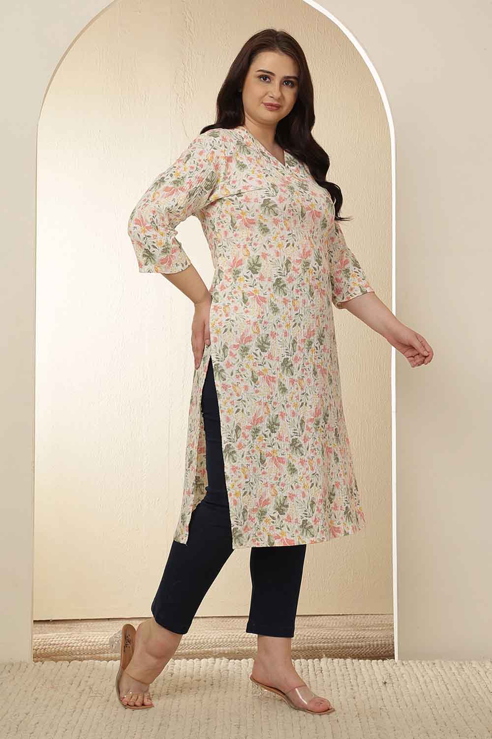 Plus Size Floral Print Cotton V Neck Kurta for Women