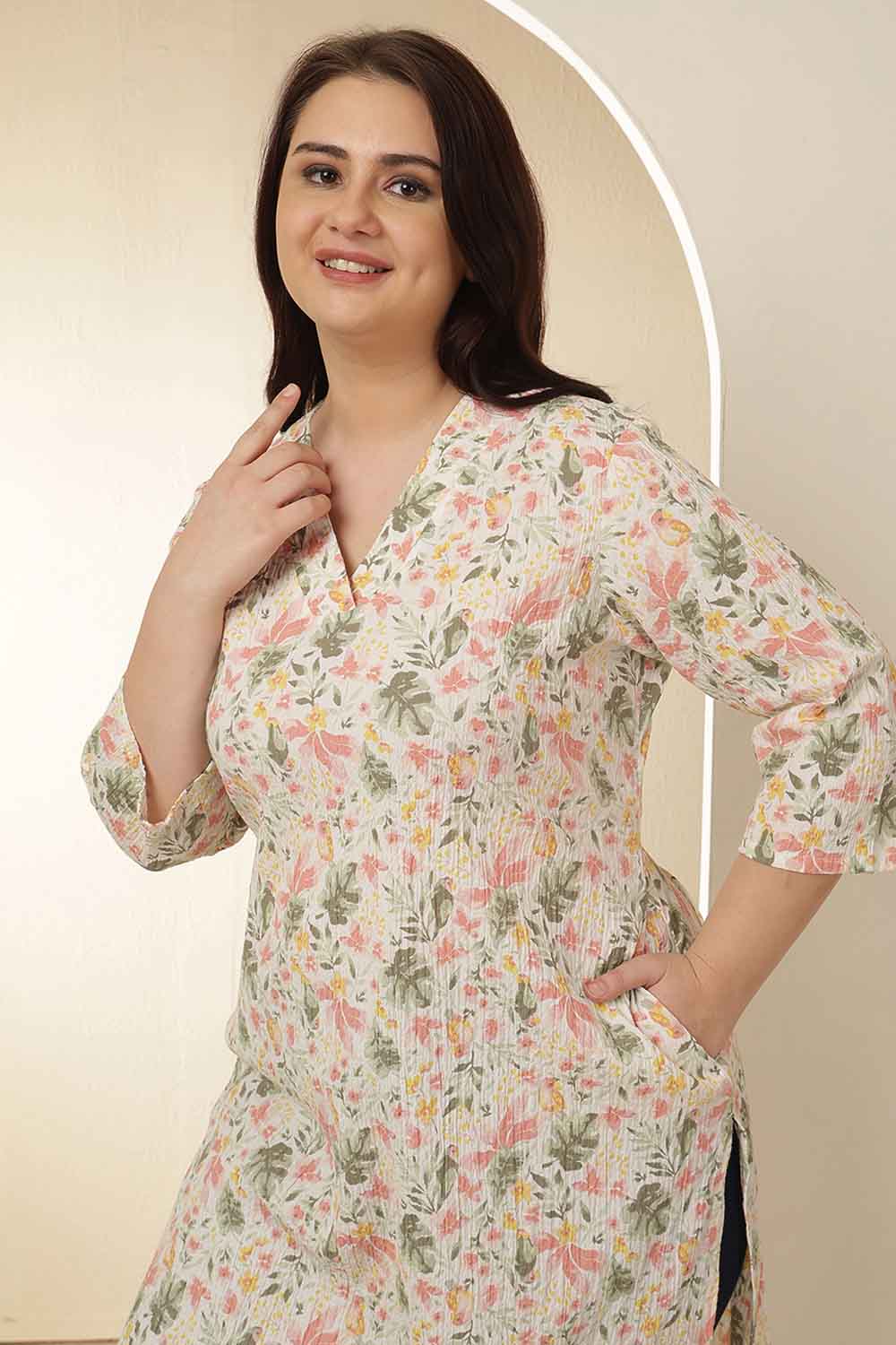 Comfortable Plus Size Floral Print Cotton V Neck Kurta
