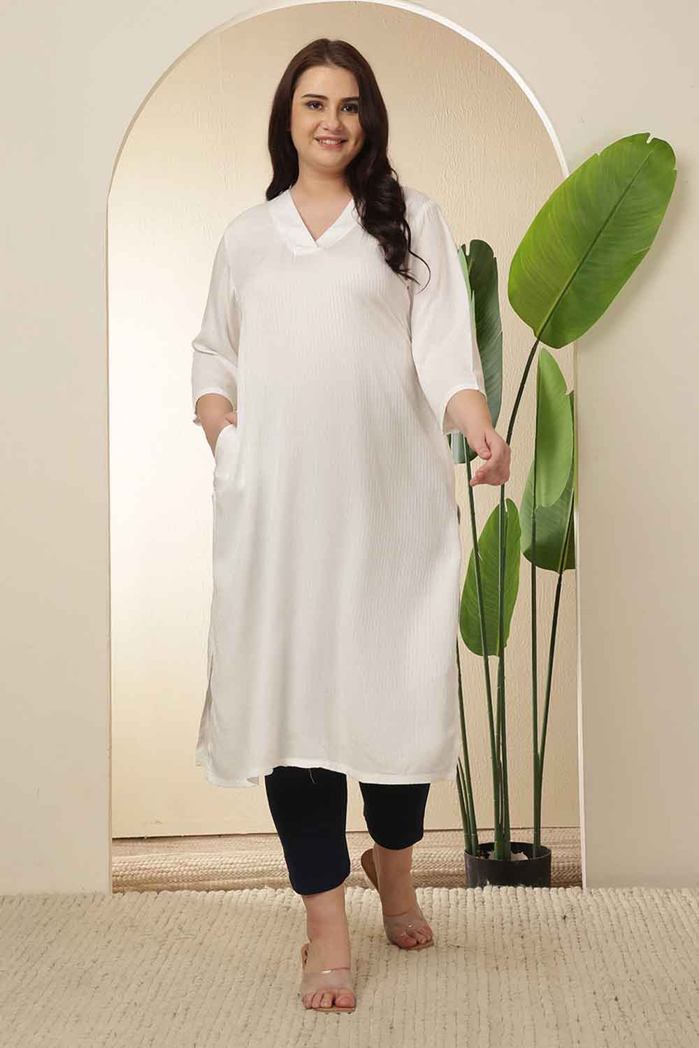 Plus Size White V Neck Kurta