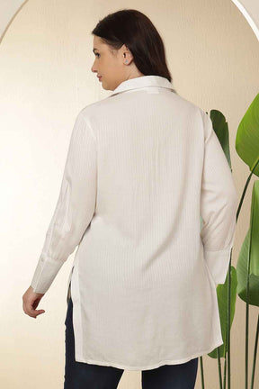Plus Size White High Slit Styled Cuff Cotton Shirt
