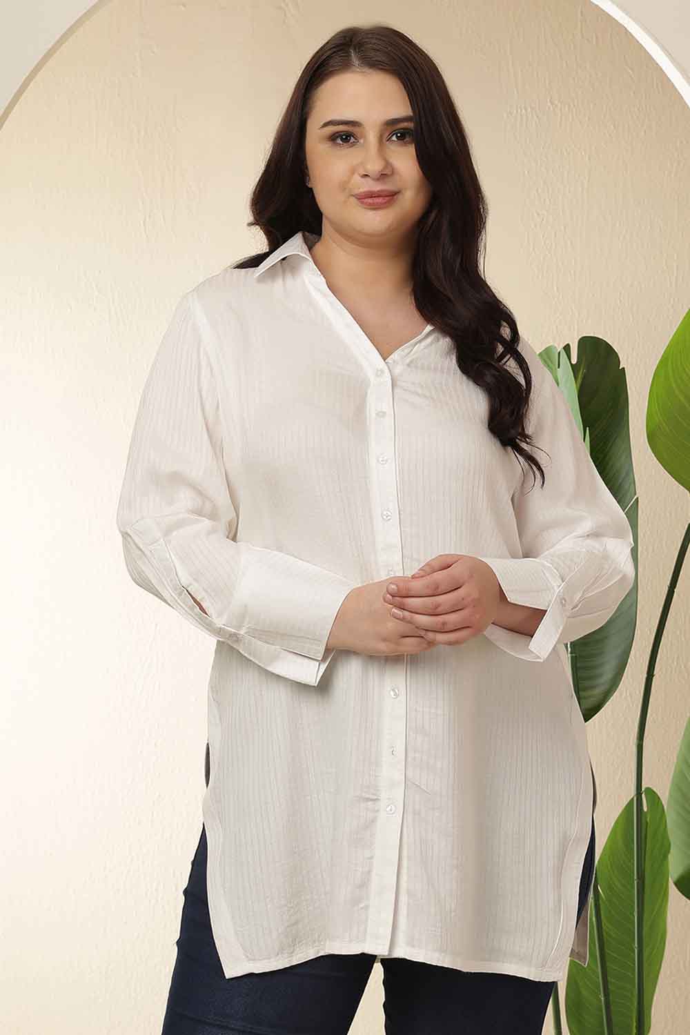 Plus Size White High Slit Styled Cuff Cotton Shirt