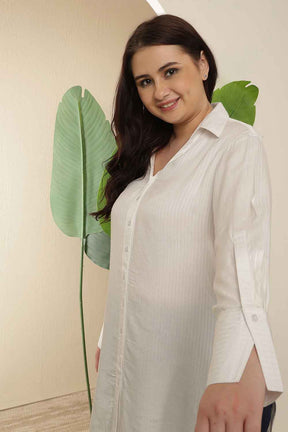 Plus Size White High Slit Styled Cuff Cotton Shirt