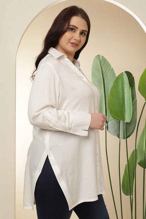 Plus Size White High Slit Styled Cuff Cotton Shirt
