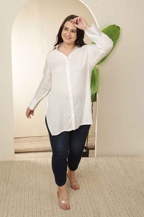 Plus Size White High Slit Styled Cuff Cotton Shirt