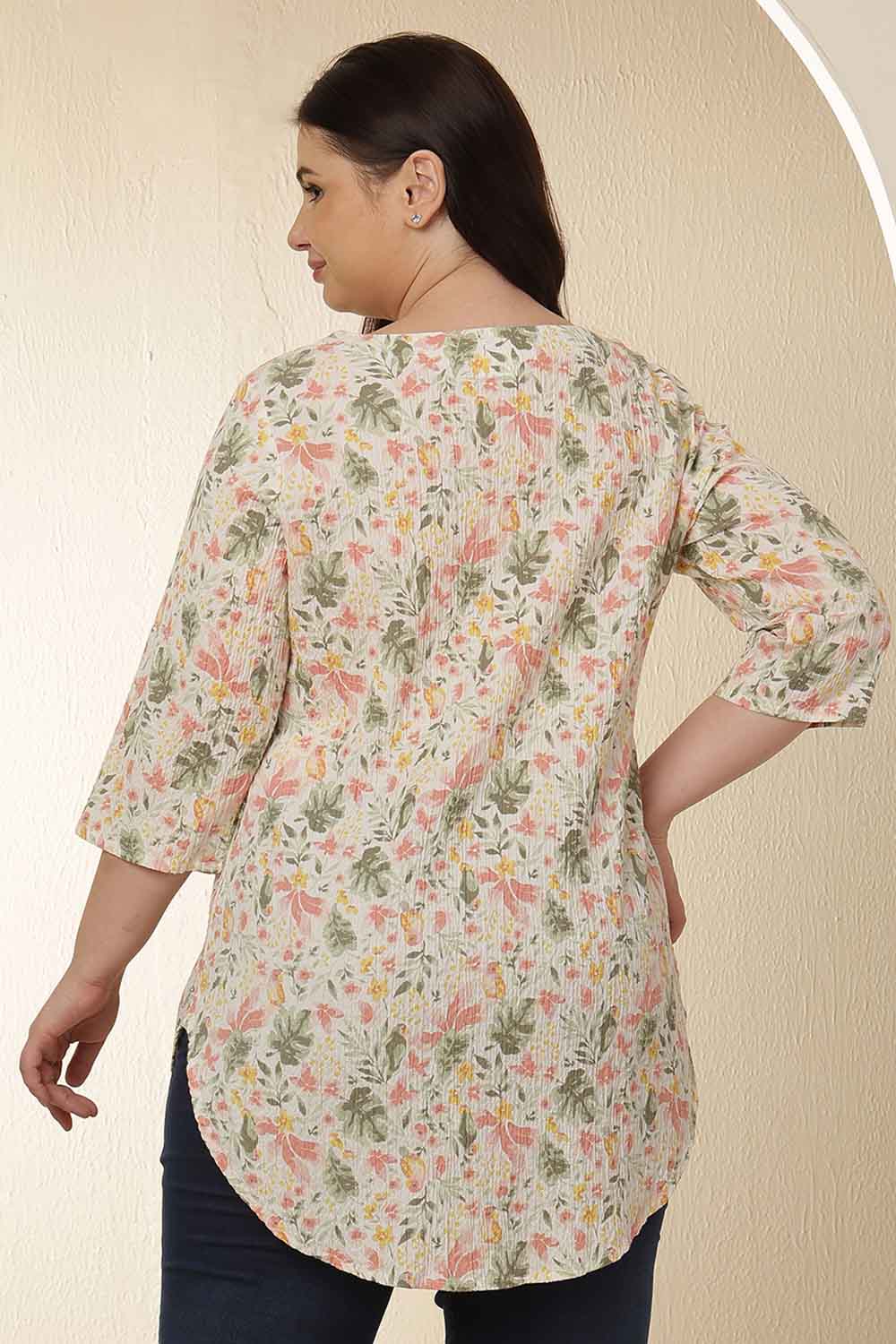 Plus Size Floral Print V Neck Cotton Top