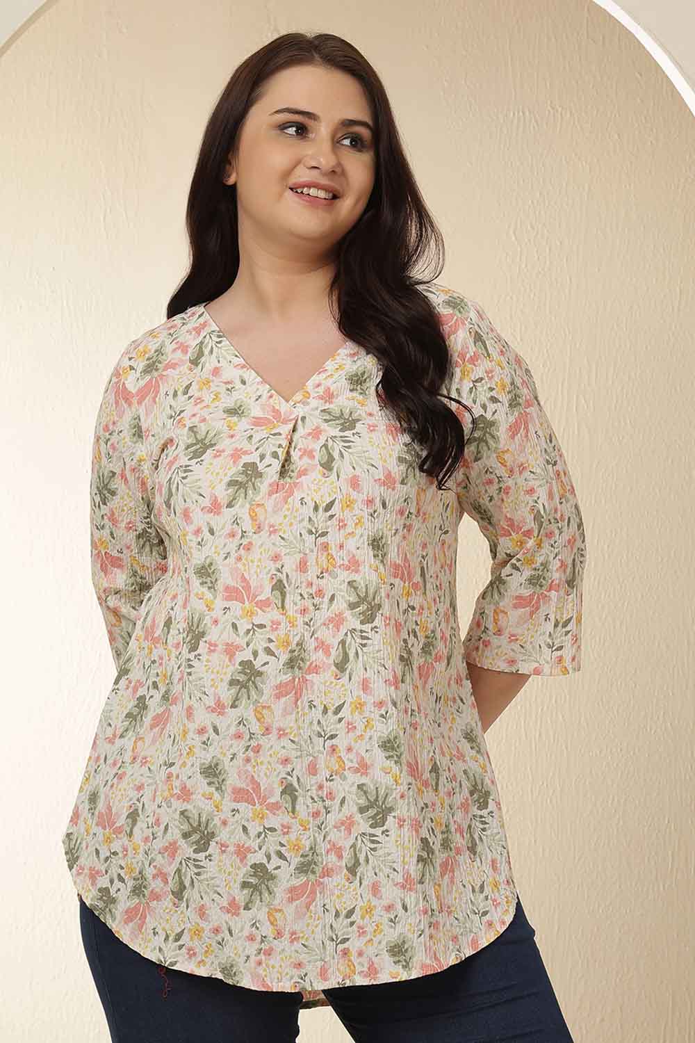 Comfortable Plus Size Floral Print V Neck Cotton Top