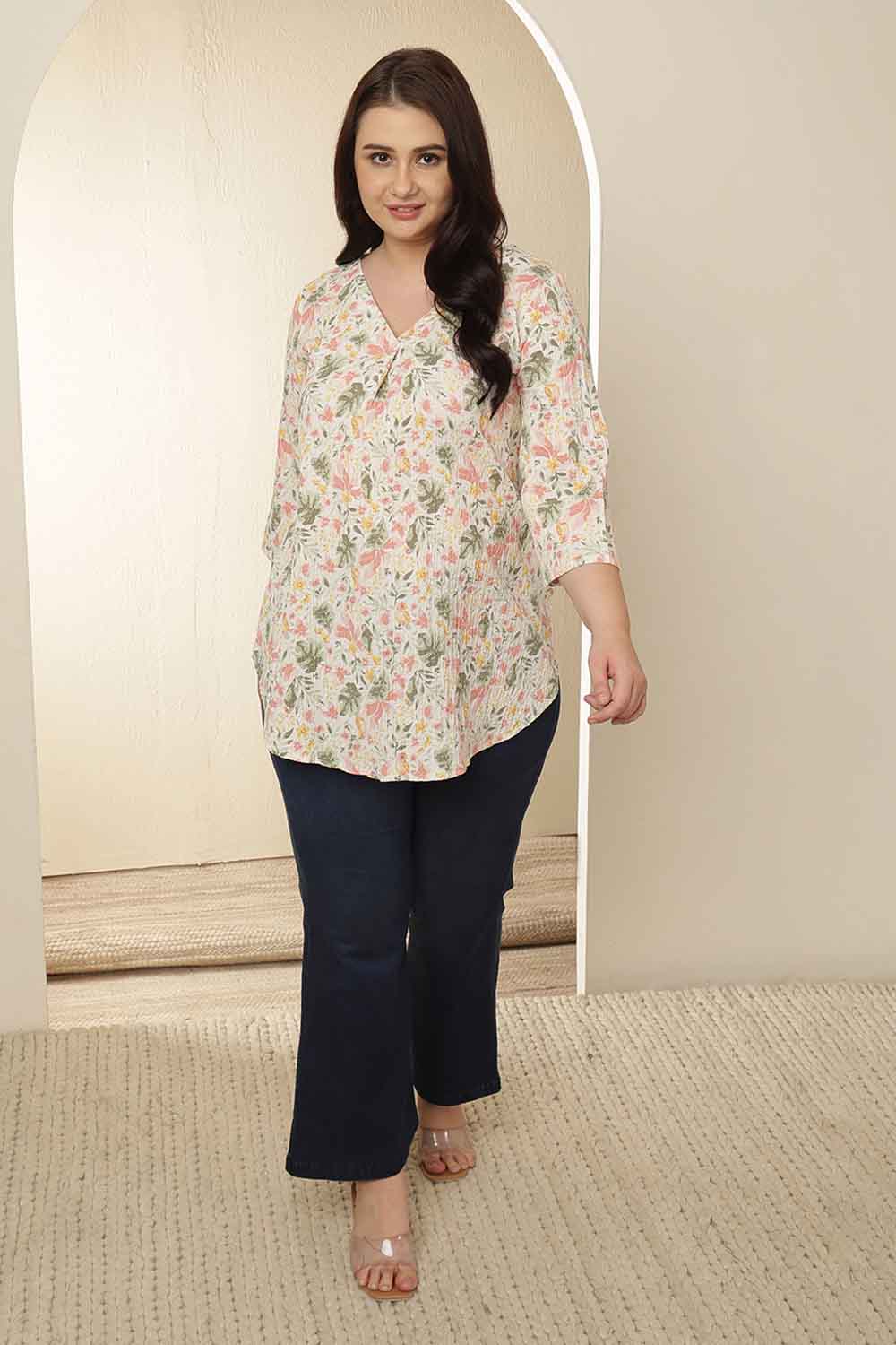 Plus Size Plus Size Floral Print V Neck Cotton Top