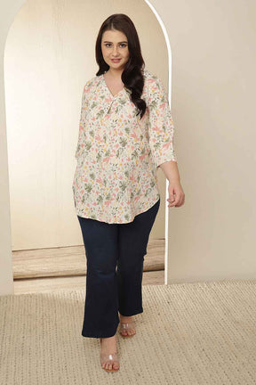 Plus Size Floral Print V Neck Cotton Top