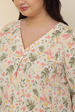 Plus Size Floral Print V Neck Cotton Top