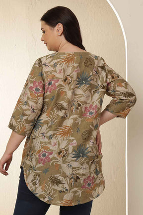 Plus Size Olive Floral Print  V Neck Top