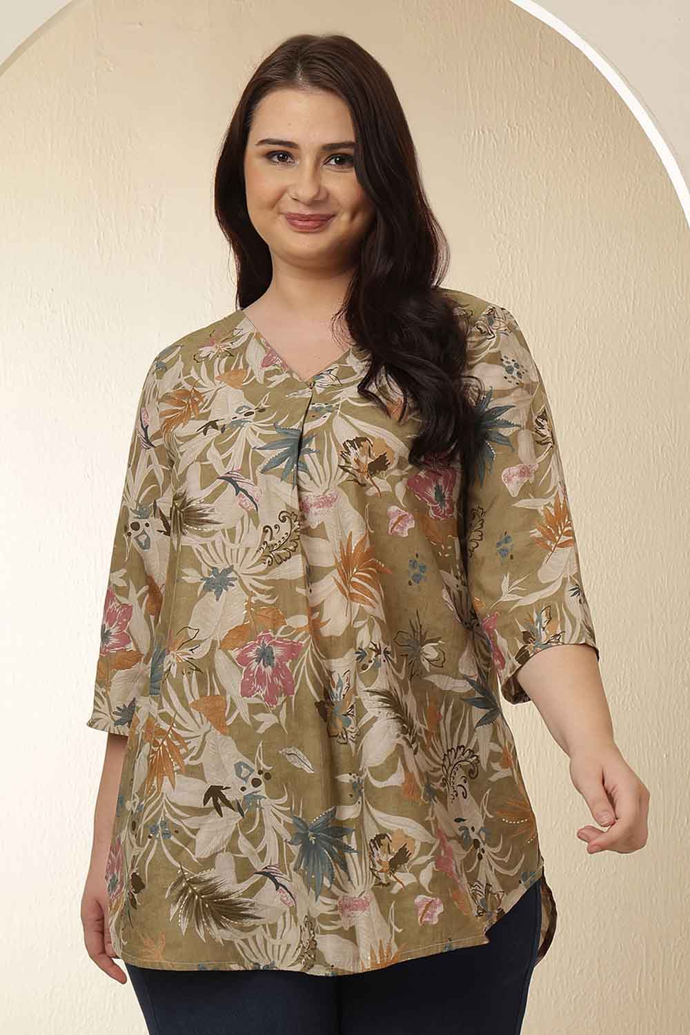 Plus Size Plus Size Olive Floral Print  V Neck Top