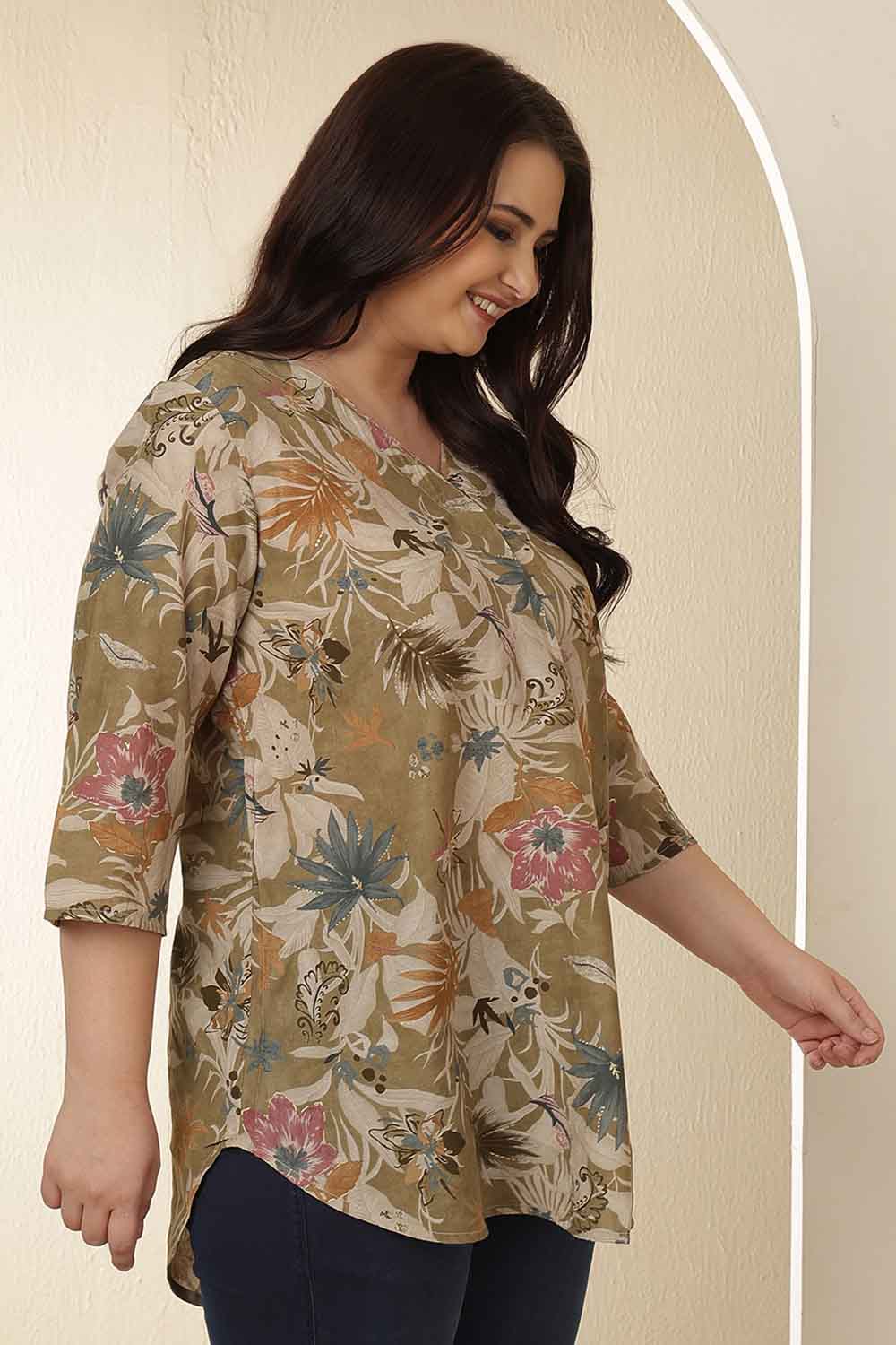 Plus Size Olive Floral Print  V Neck Top for Women