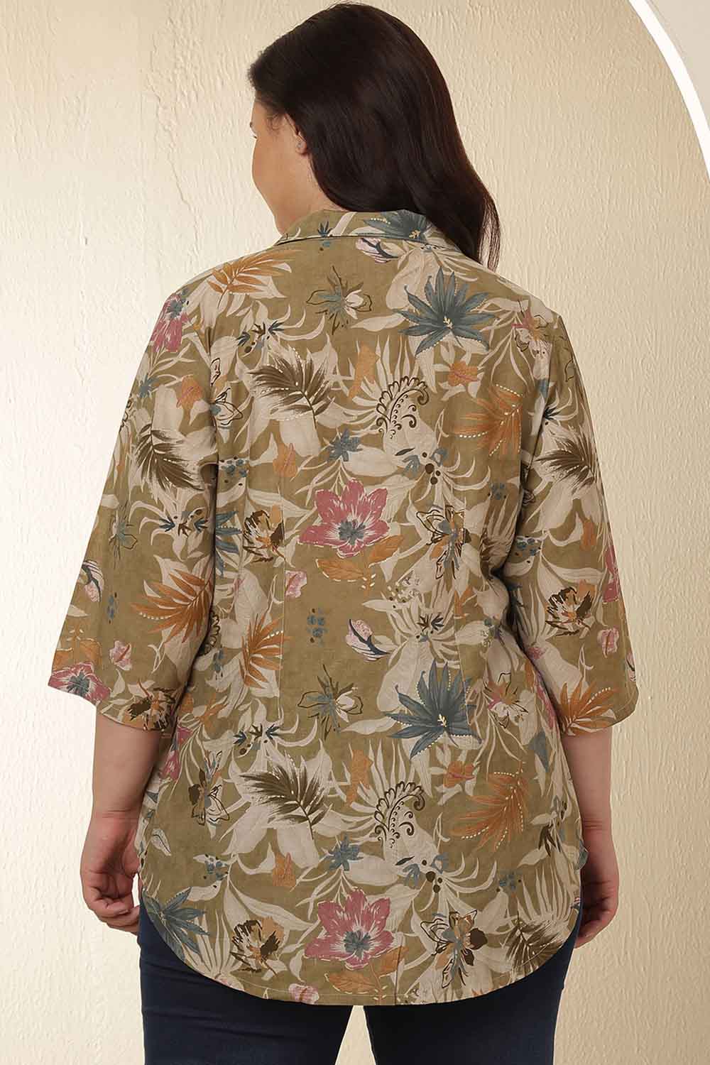 Plus Size Olive Floral Print Cuban Collar Cotton Shirt