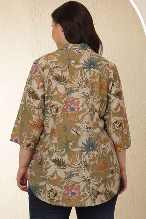 Plus Size Olive Floral Print Cuban Collar Cotton Shirt