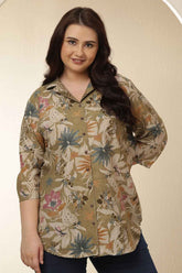 Plus Size Olive Floral Print Cuban Collar Cotton Shirt