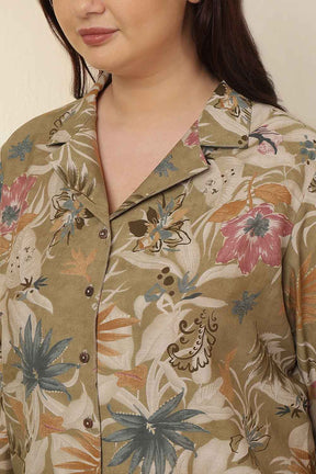 Plus Size Olive Floral Print Cuban Collar Cotton Shirt