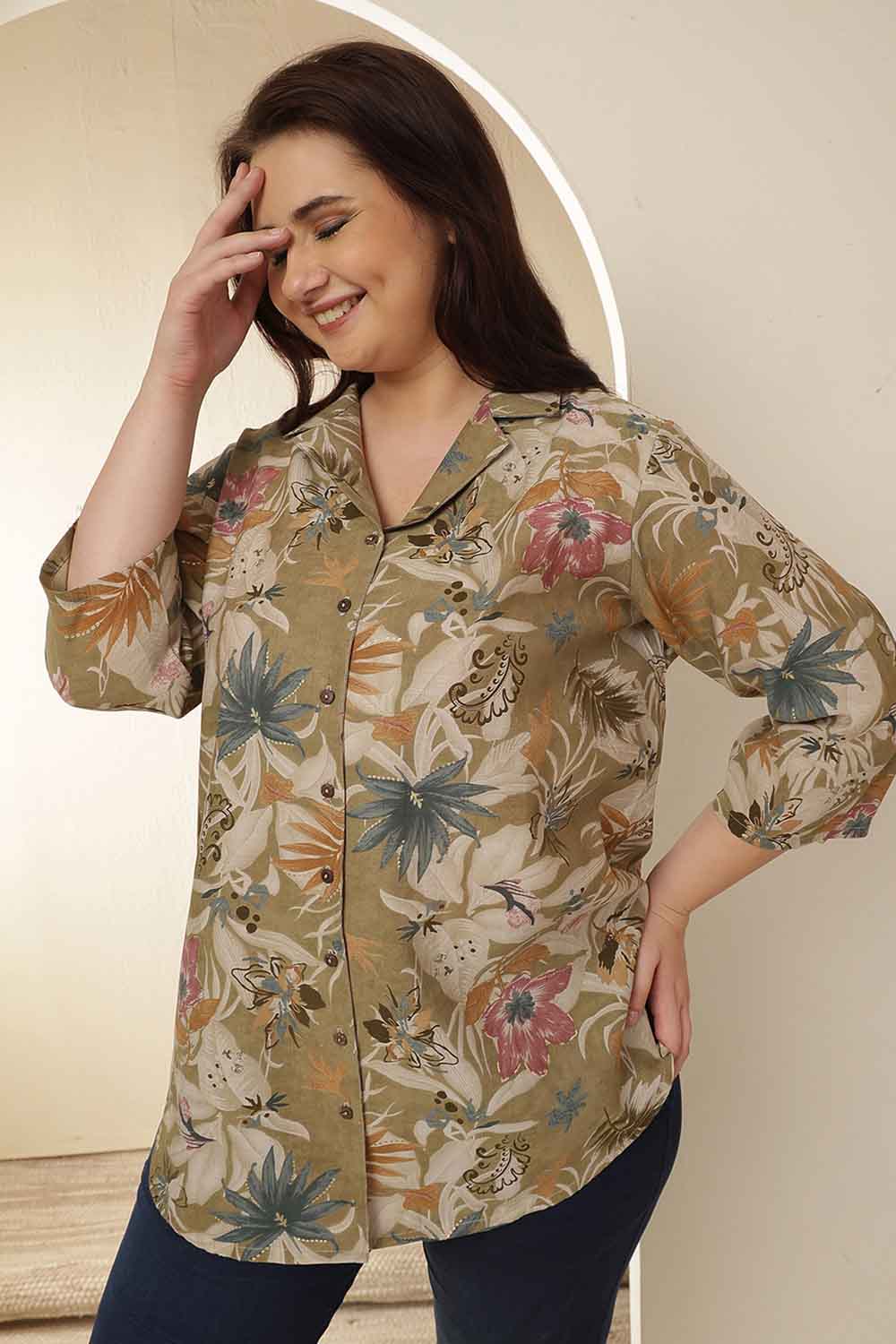 Comfortable Plus Size Olive Floral Print Cuban Collar Cotton Shirt