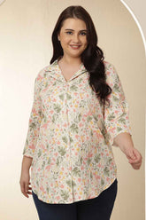 Plus Size Floral Print Cuban Collar Cotton Shirt