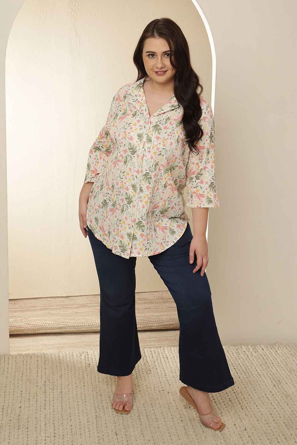 Plus Size Floral Print Cuban Collar Cotton Shirt